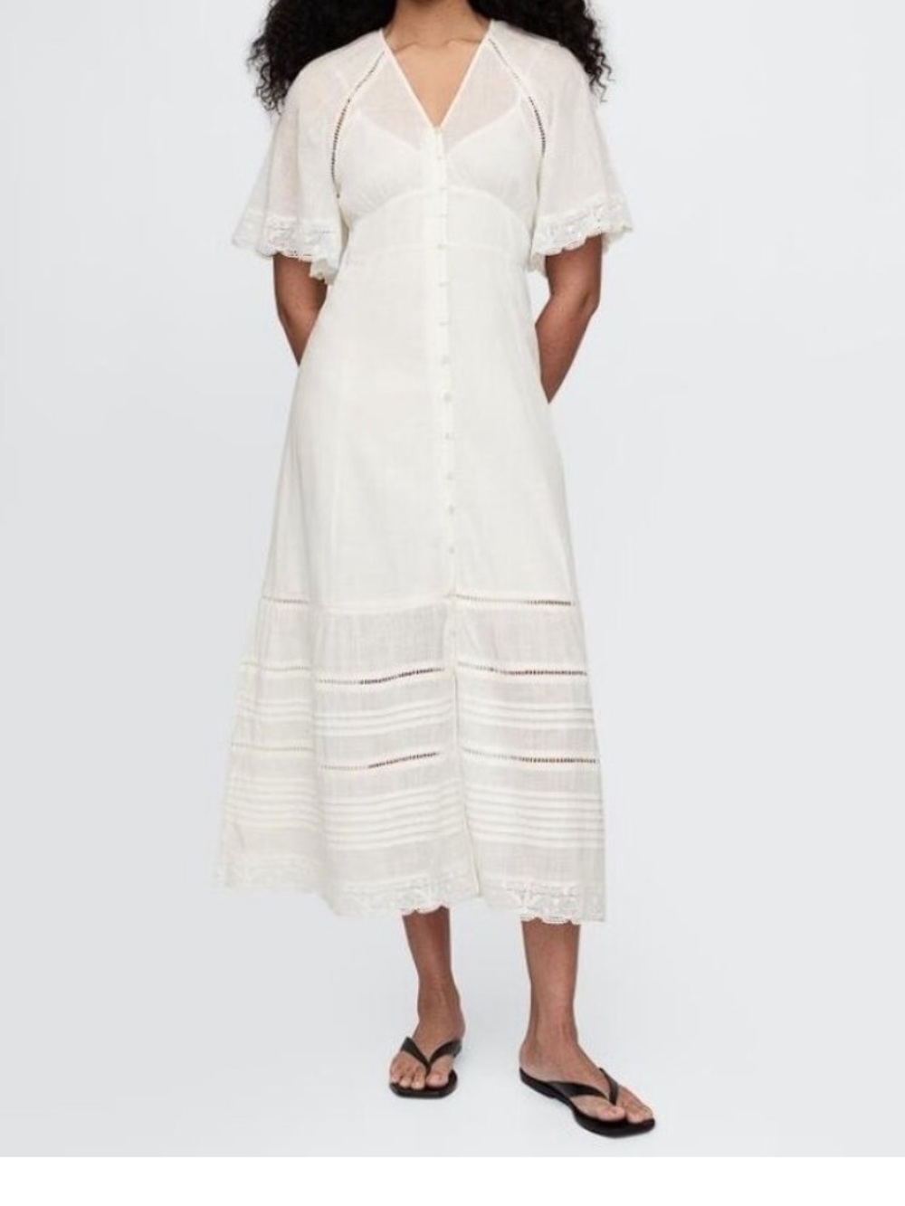 Gap White Button-Front Midi Dress with Lace Trim